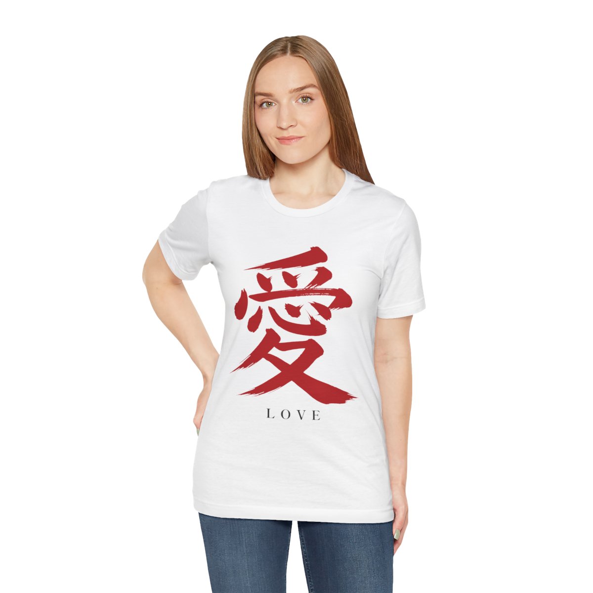 Red Love Kanji Tee in White, on model