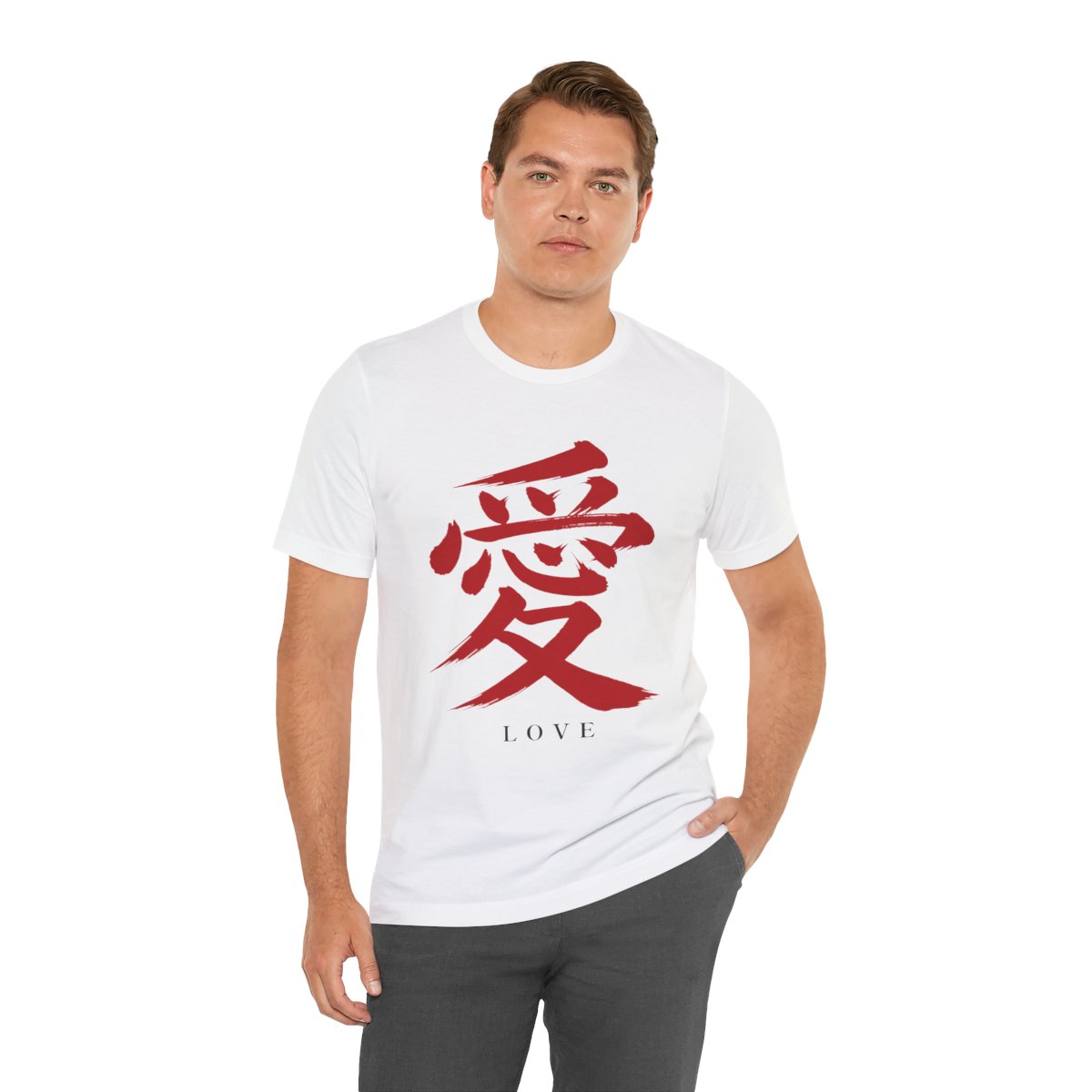 Red Love Kanji Tee in White, on model