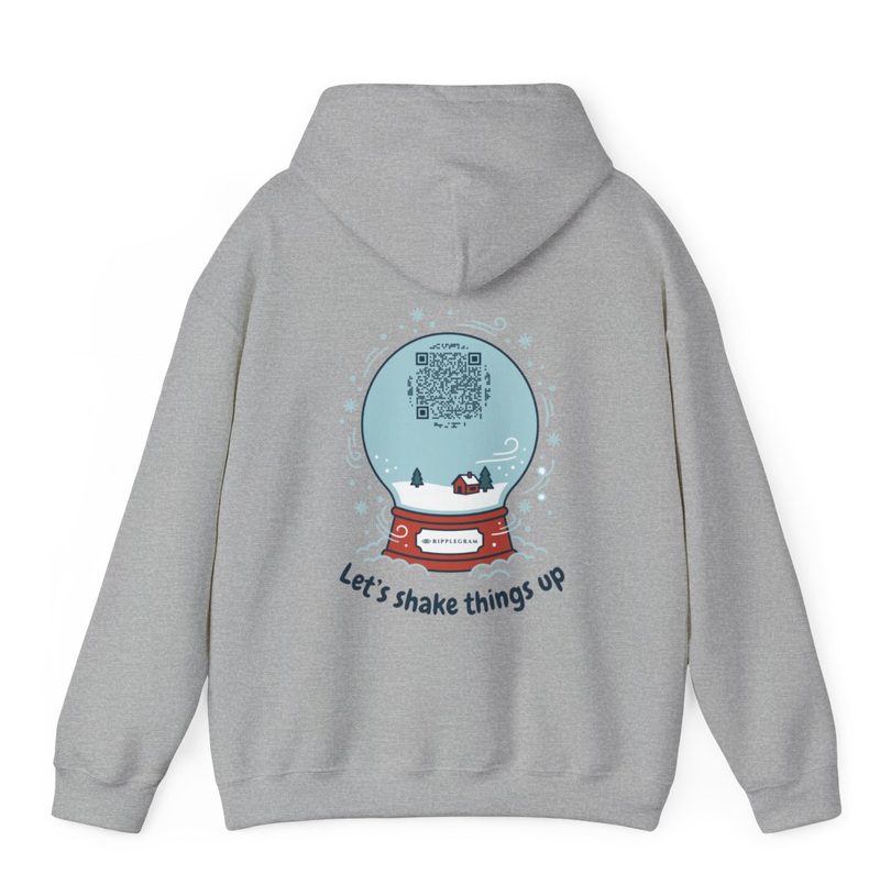 Let's Shake Things Up Ripplegram hoodie, back view, with the QR code inside a snow globe