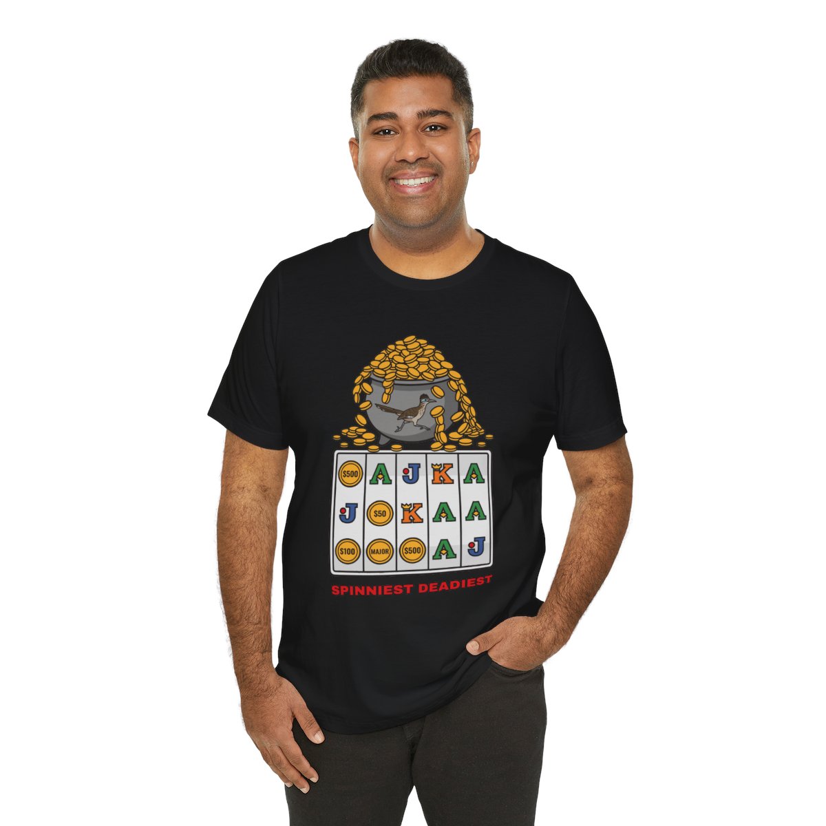 Spinniest Deadiest Tee (Full Color) in Black, on model
