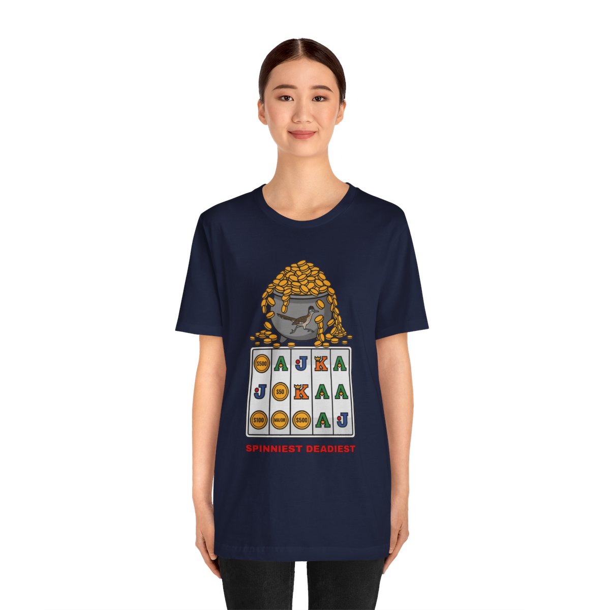 Spinniest Deadiest Tee (Full Color) in Navy, on model