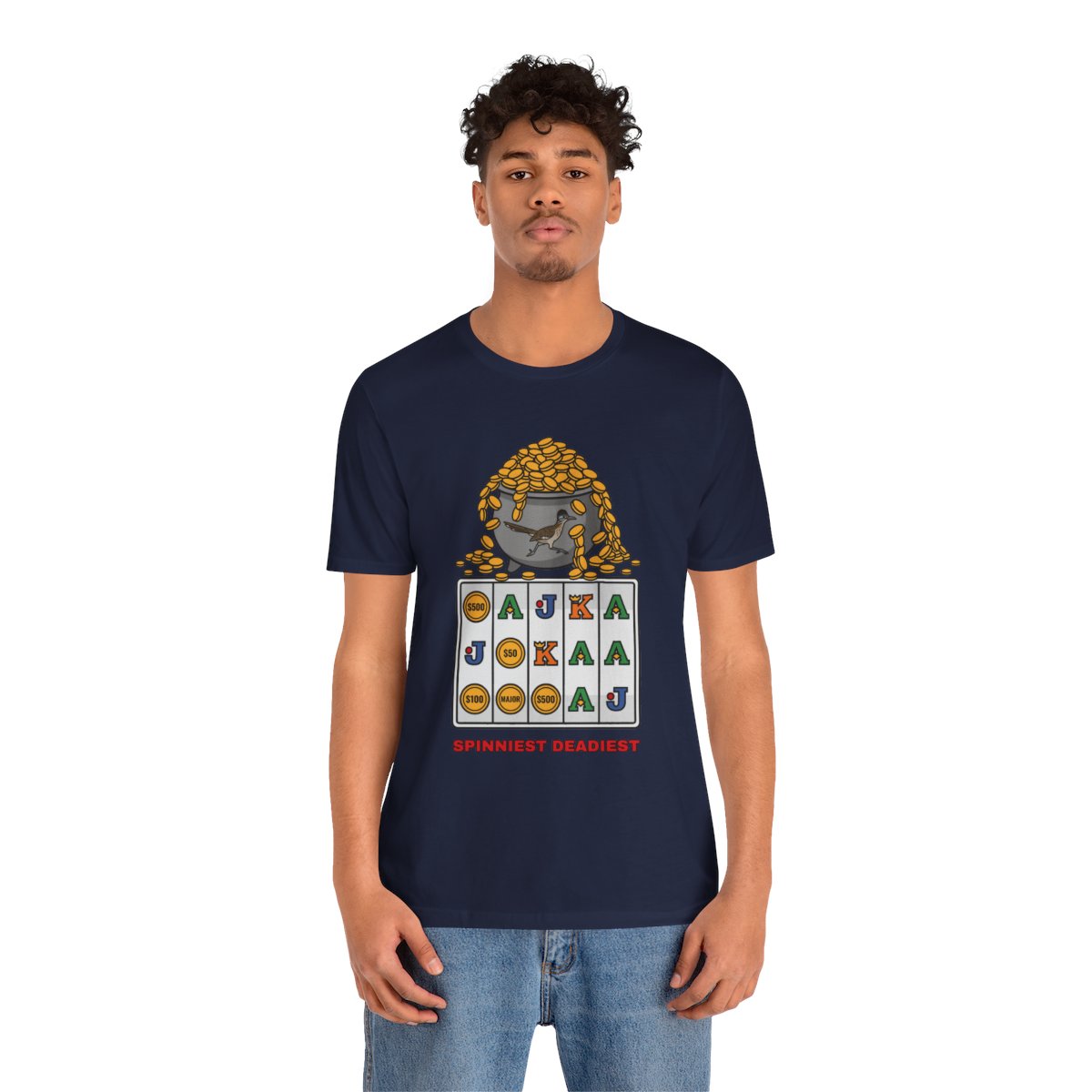 Spinniest Deadiest Tee (Full Color) in Navy, on model