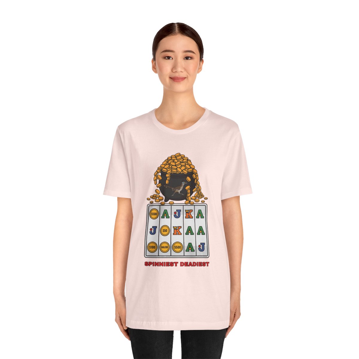 Spinniest Deadiest Tee (Full Color) in Soft Pink, on model