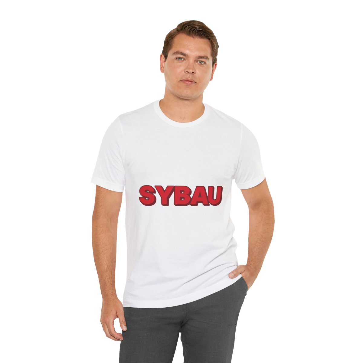 SYBAU Tee (Red on Pink) in White, on model
