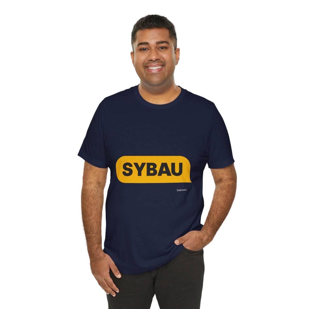 SYBAU Text Bubble Tee in Navy, on model