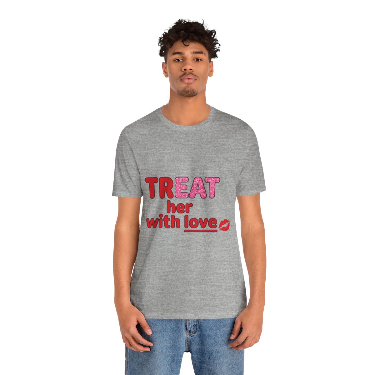 Treat Her With Love (Kiss) Tee in Athletic Heather, on model