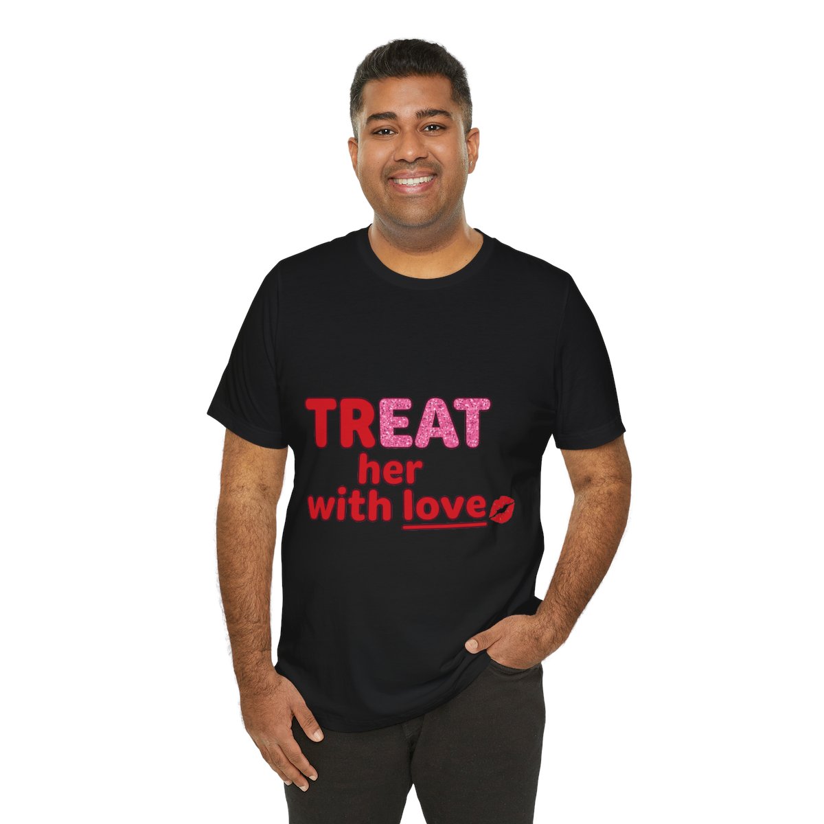 Treat Her With Love (Kiss) Tee in Black, on model