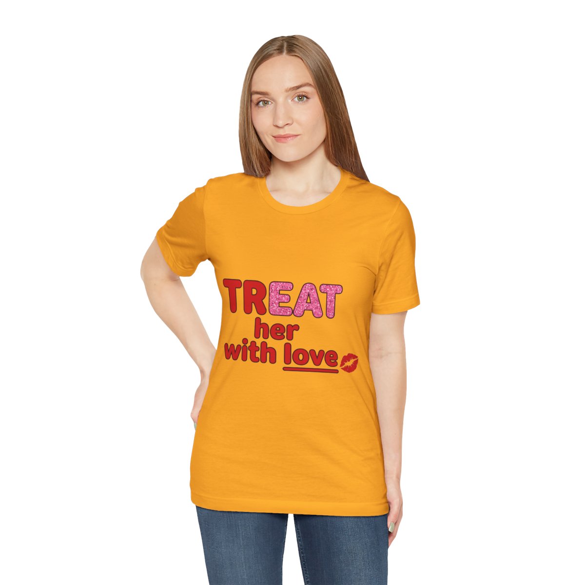 Treat Her With Love (Kiss) Tee in Gold, on model