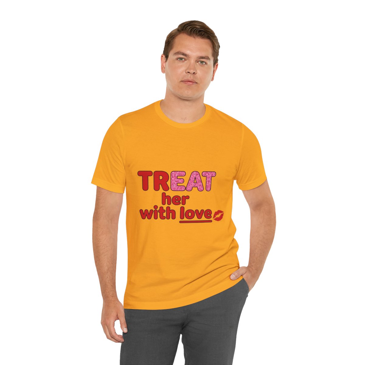 Treat Her With Love (Kiss) Tee in Gold, on model