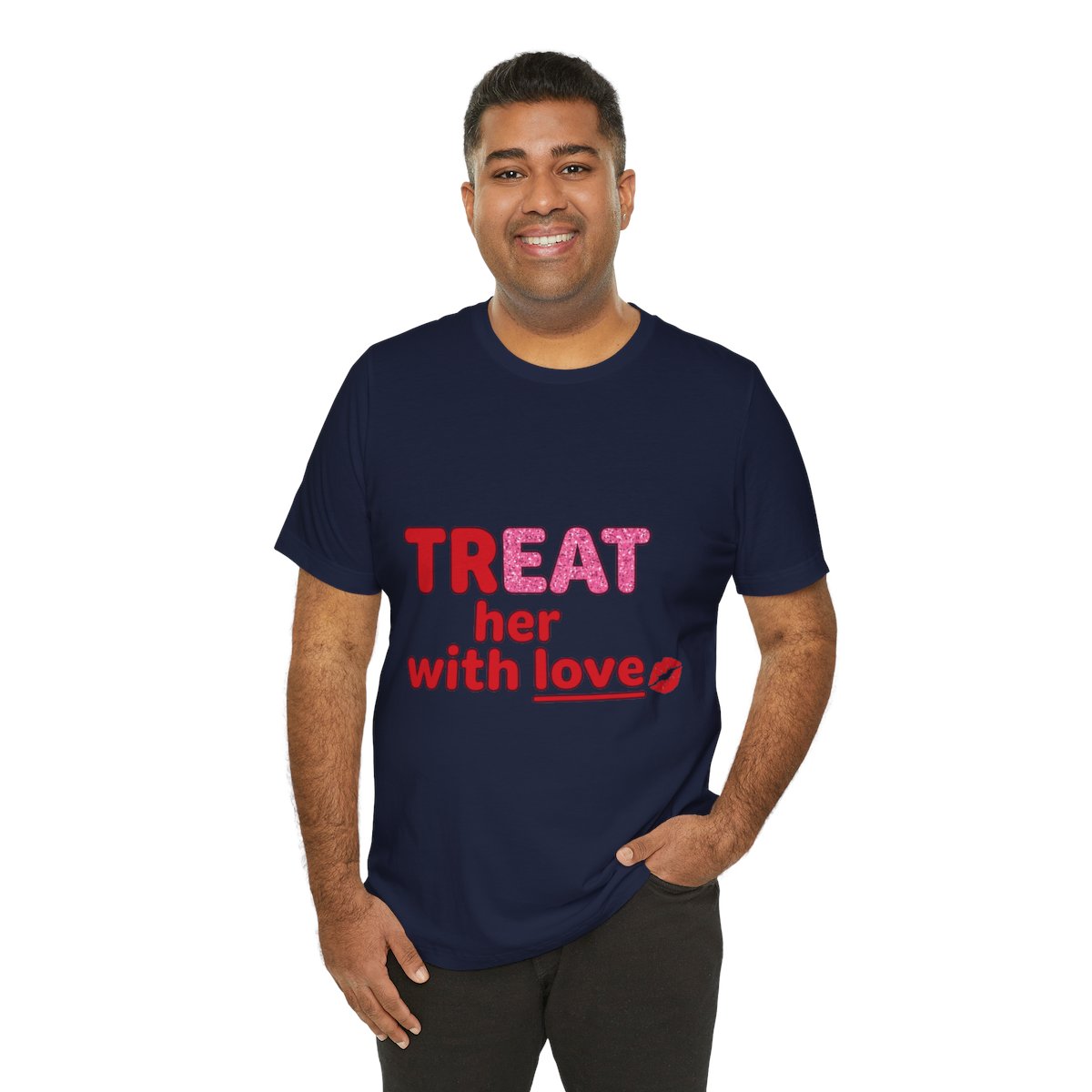 Treat Her With Love (Kiss) Tee in Navy, on model